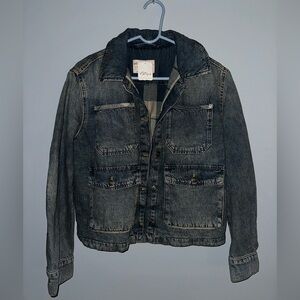 We The Free (Free People) Blue Denim Jacket with Plaid Flannel Lining